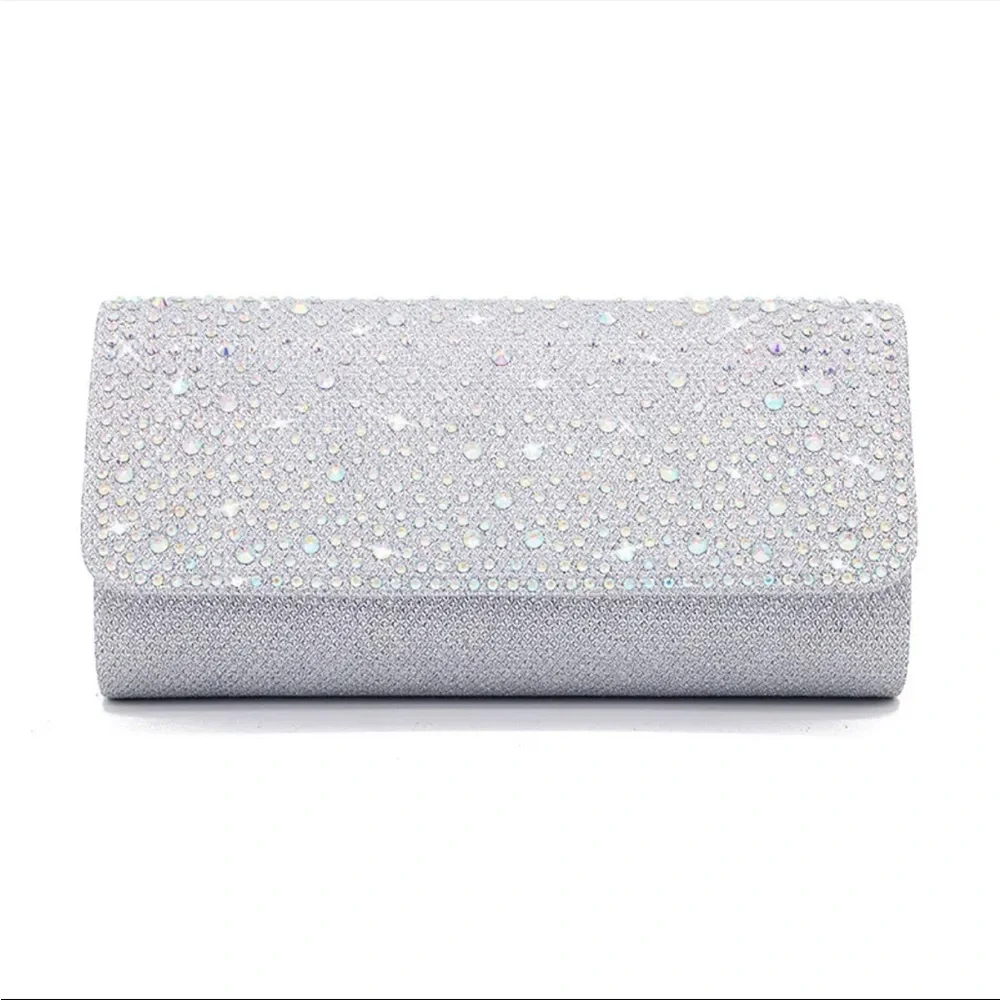 Crystal Evening Clutch Silver Flap Shoulder Bag Rhinestone Cocktail Wedding